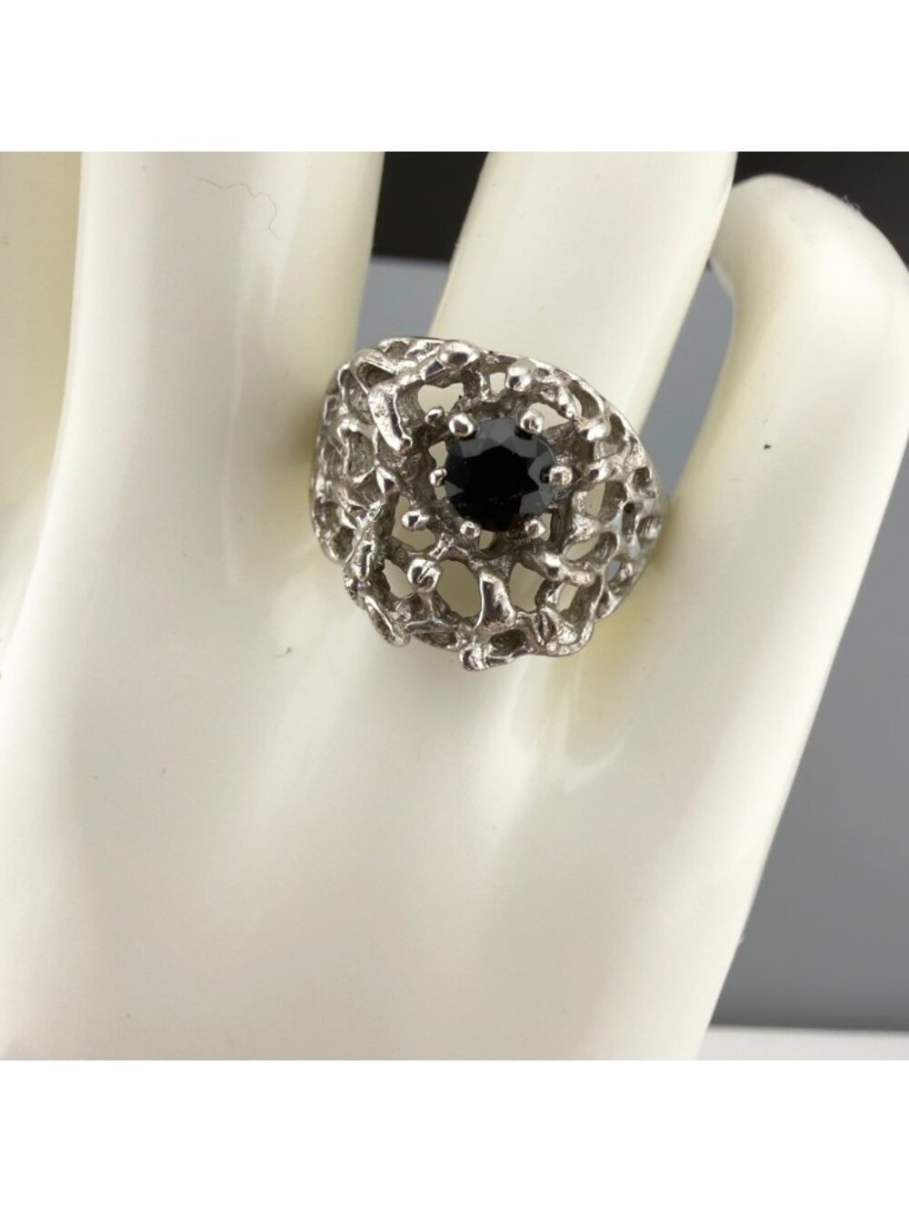 Vintage Chunky Ring Brutalist Silver Tone Black Stone Size 9.5